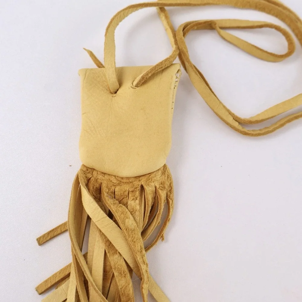 Handmade Buckskin Leather Medicine Bag Necklace Fringed Pouch Tan Leather 19